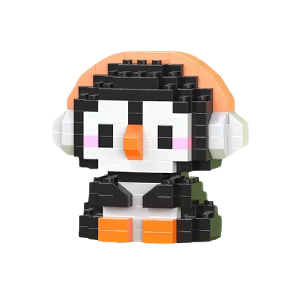 Kawaii mini bricks DIY pakket van een pinguïn met koptelefoon, ideaal voor bouwliefhebbers die van schattige miniaturen houden